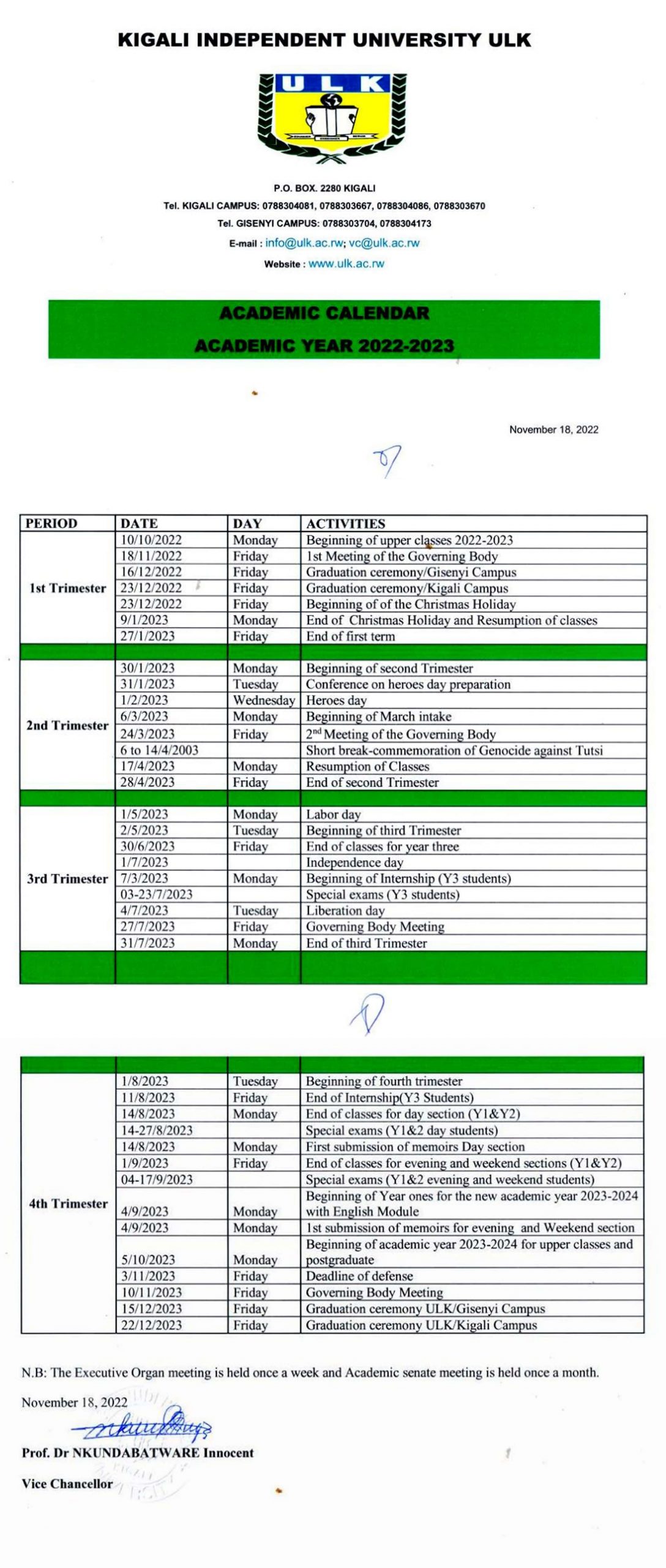 Academic Calendar - Kigali Independent UniversityKigali Independent